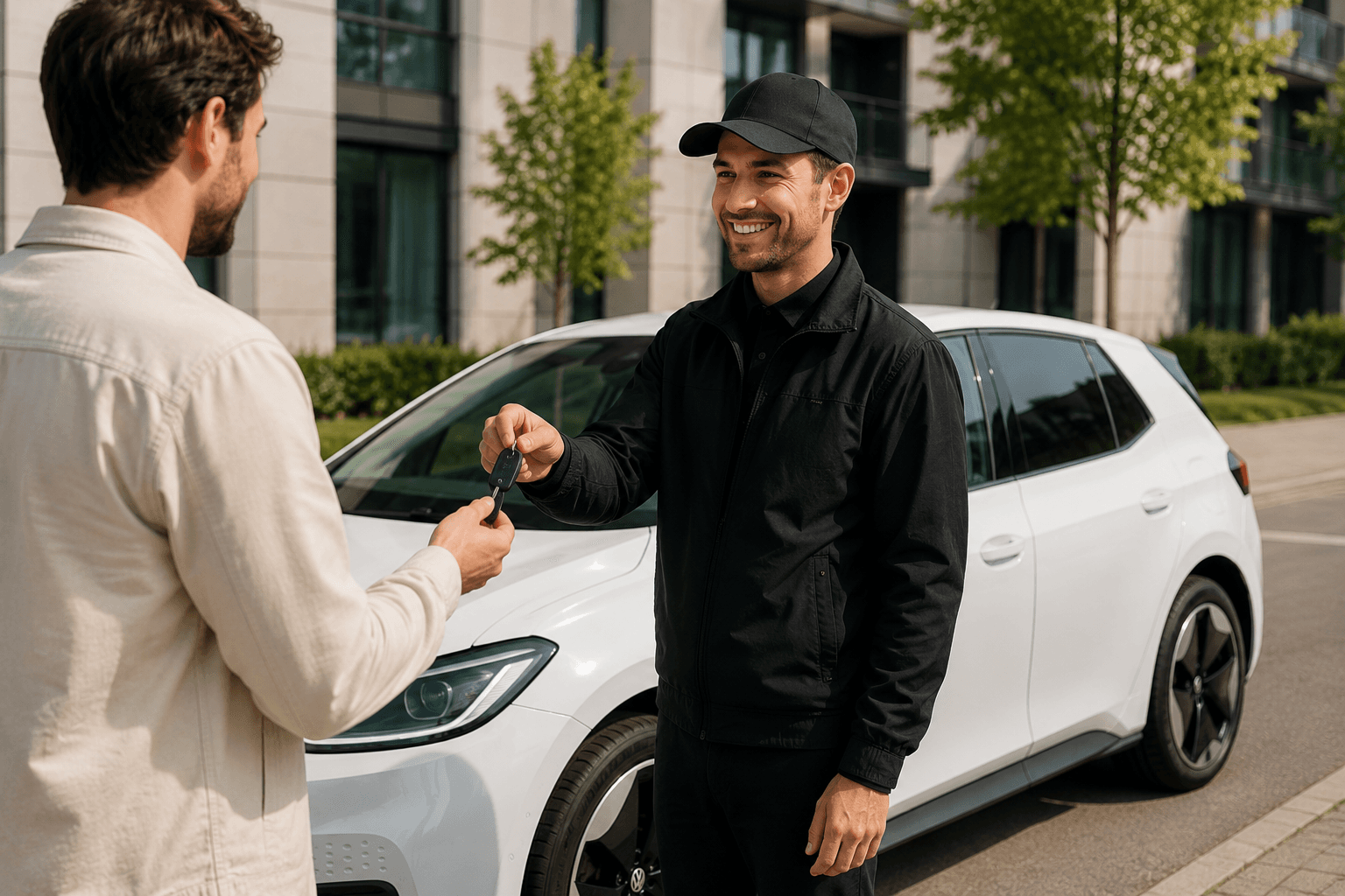 A Veloce driver in a black cap handing car keys to a customer beside a white electric hatchback on a city street.